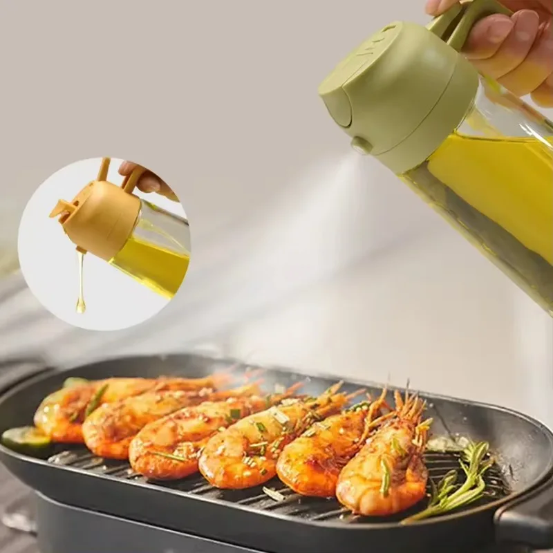 2in1 Oil Sprayer Glass Bottle for Cooking Anti-leakage Olive Oil Storage Bottle for BBQ Air Fryer Salad Steak Kitchen Supplies