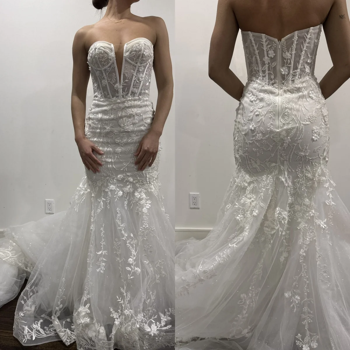 

Элегантное свадебное платье-русалка класса люкс с глубоким V-образным вырезом, прозрачными вставками, съемными рукавами и цветочным кружевом, больших размеров.