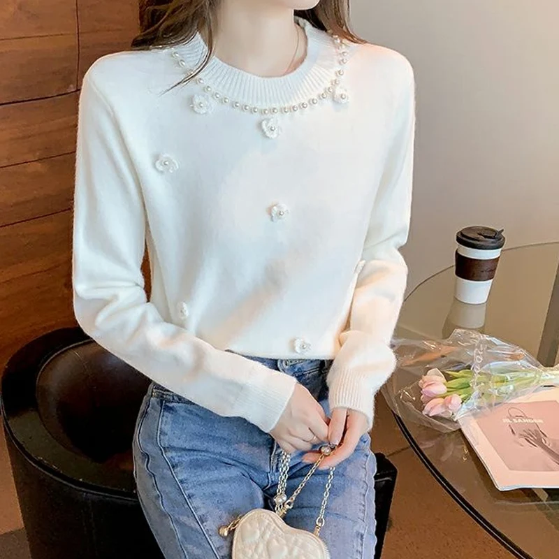 Spring Autumn New Solid Color Fashion Long Sleeve Sweater Women High Street Casual Elegant Embroidered Flares All-match Pullover