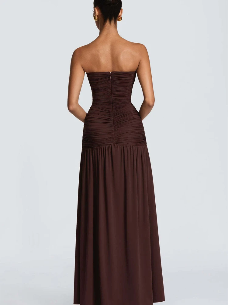 

Elegant Solid Pleated Slim Long Dress Women Sleeveless Off Shoulder V-neck High Split Satin Dresses 2026 Lady Dinner Party Gown