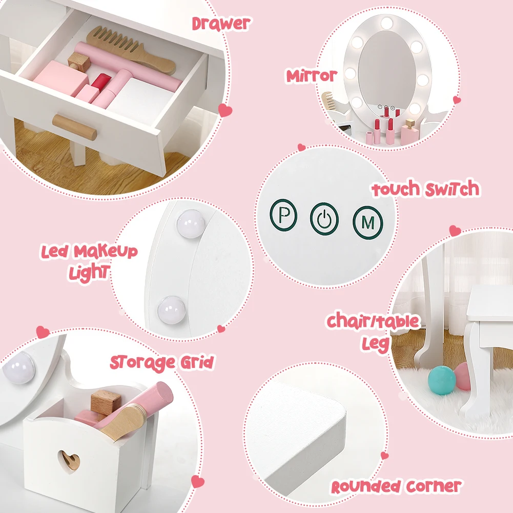 Kids Dressing Table with Lighted Mirror Dressing Table and Chair Set Girls Makeup Playset Playroom view 6