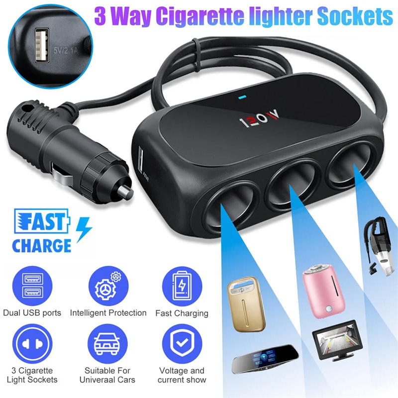 3 steckdose Auto Zigarette Leichter Splitter Dual USB LED Auto Schnelle Ladegerät 120 W 12 V 24 V Auto Ladegerät Adapter für IPhone GPS Dashcam