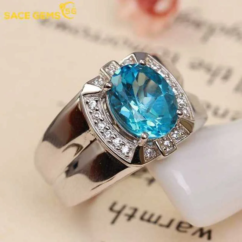 SACE GEMS Fashion Resizable Sky Blue Topaz Male Ring 925 Sterling Silver Fine Jewelry Wedding Engagement Gift Wholesale