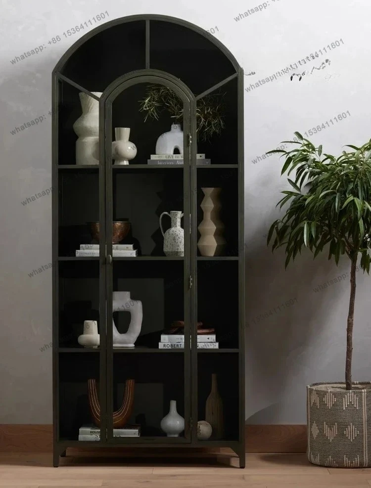 

Американский светлый роскошный книжный шкаф из цельного дерева, простой бытовой высококачественный черный арочный шкаф-витрина со стеклянной дверью