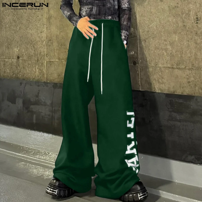 INCERUN Soprt Style Male Bottoms Men Casual Commuting Loose Long Pants 2024 Korean Fashion Printing Handsome Wide Leg Trouses