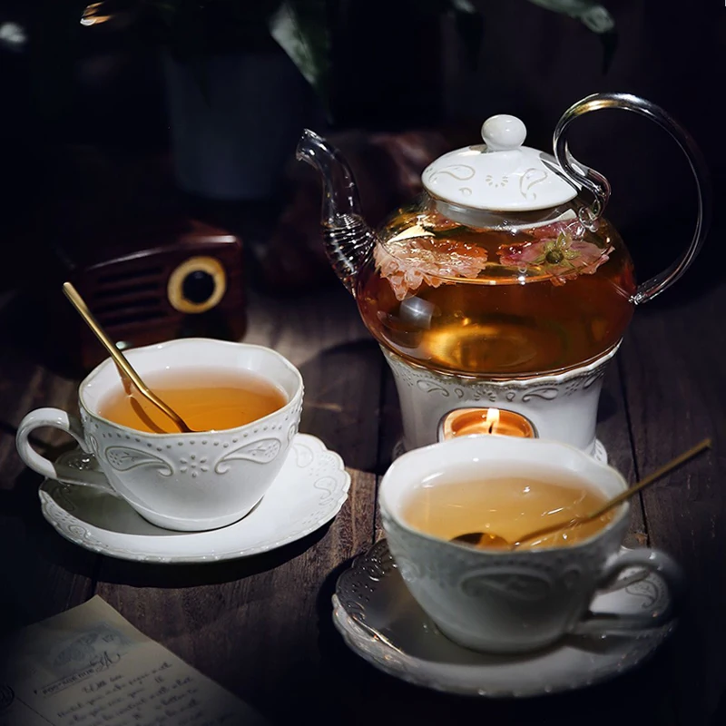 

Japanese Ceramic Glass Teapot and Cup Set with Warmer European Coffee Cup Saucer Embossed Porcelain Afternoon Tea Set Home Decor