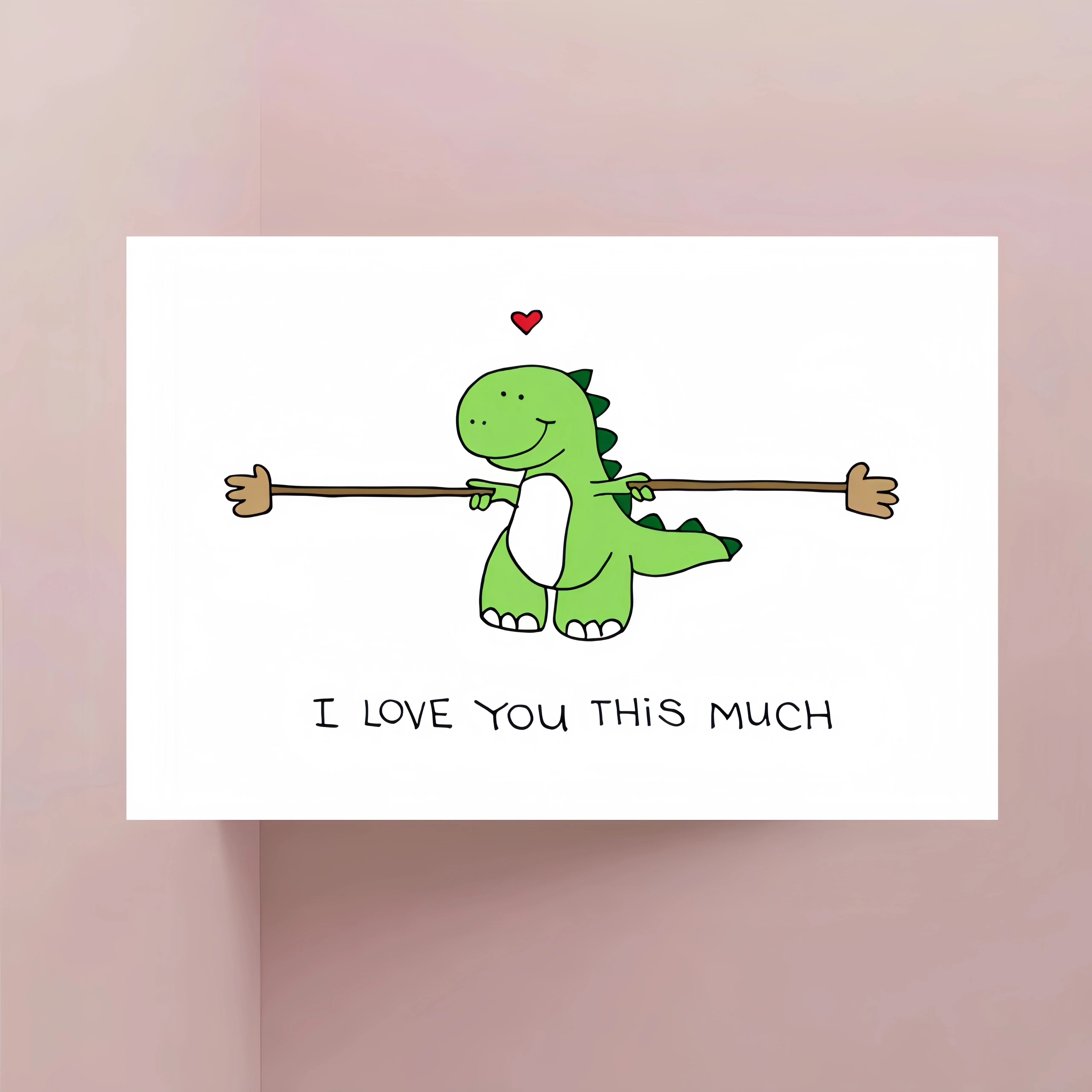 بطاقة تهنئة تحت عنوان الديناصور مع حرف حب مغلف "أنا أحبك كثيرًا"، مناسبة للمناسبات الخاصة مثل أعياد الميلاد