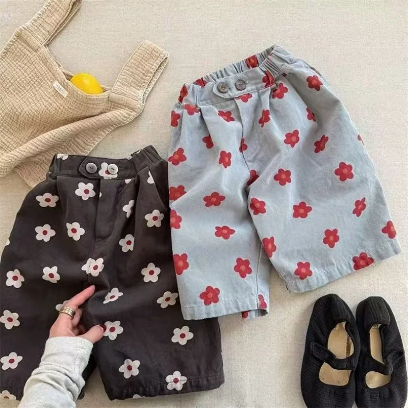 

Spring/Summer Calf Length Pants for Girls Floral Print Anti-mosquito Breeches Korean Kid's Loose 7 Point Pants Childrens Clothes