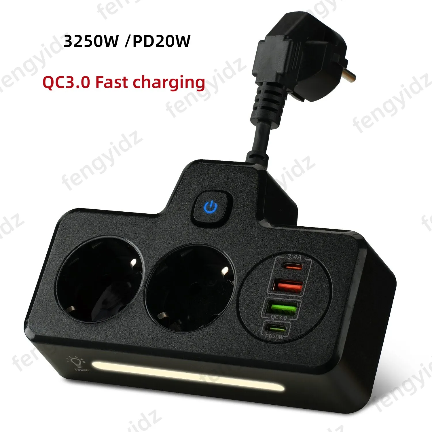 

fydz Удлинитель с USB-разъемом, 2-полосный, 2 USB, 2 типа C, настенная розетка, адаптер со светодиодной подсветкой и несколькими вилками для офиса, дома, путешествий