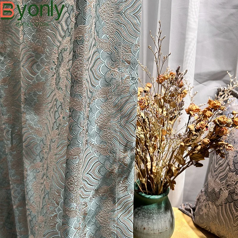 Customized Ocean Wave Blue Jacquard Thickened Blackout Curtains for Living Room Bedroom French Window Balcony Window