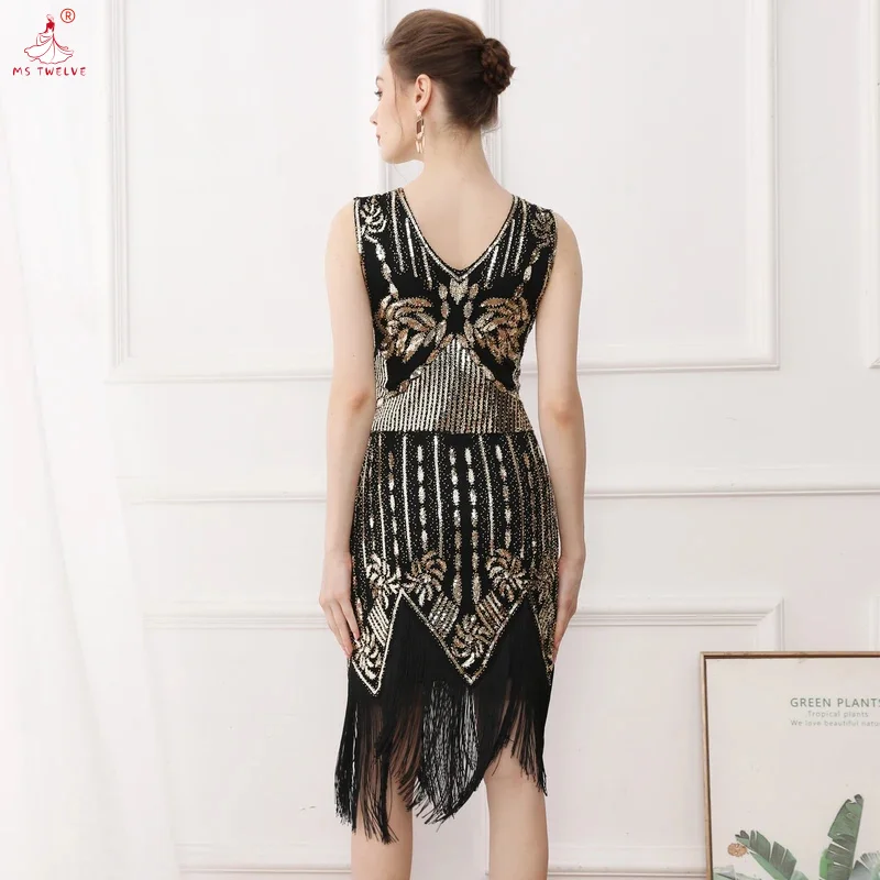 2025 Women’s High-Waist Slim Sequin Fringe , Sexy V-Neck Birthday Party, Cocktail Prom Midi Dress with Tassel Hem, Elegant