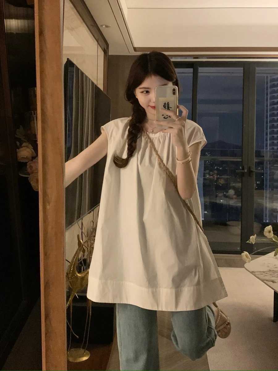 plus Size Women's round Neck Casual Shirt Pure Color Oversize Loose Fit Mid-Length Top Korean Style Commute Fashion