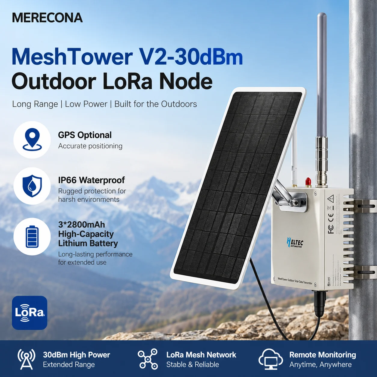 Heltec MeshTower V2 30dBm 18V Solar Panel Outdoor Node 3×2800mAh Lithium Battery NRF52840 IP65 Waterproof PD3.0 Input BLE LoRa