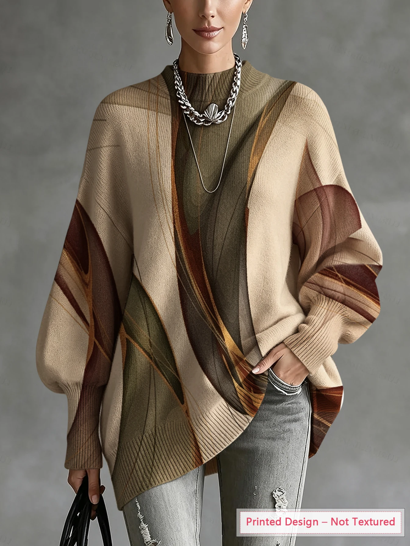 Women's Knitted Top, Thin Sweater for Autumn and Winter, Abstract Color-Blocking Print, Diagonal Hem, Lantern Sleeves, Skin-Friendly Fabric