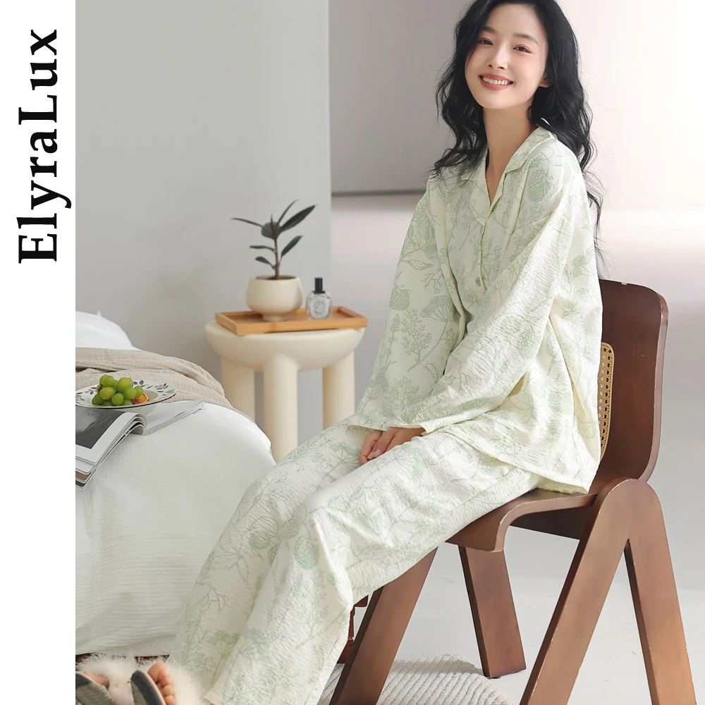 

ElyraLux Women's Pajama Warm Autumn Winter Sleepwear Long Sleeve Pants Two-Piece Sets Woman Trousers Suit Soft Home Wear