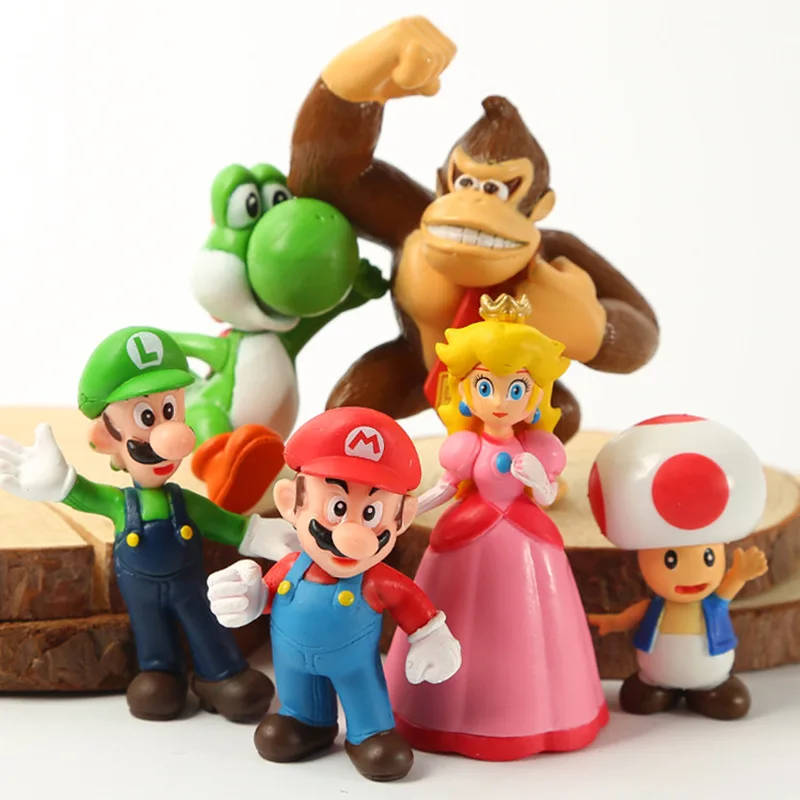 6 Peças de Decoração de Bolo Super Mario em Desenho Animado, Ornamentos de Cogumelo e Dinossauro Pequenos para Suporte de Sobremesas de Aniversário Infantil