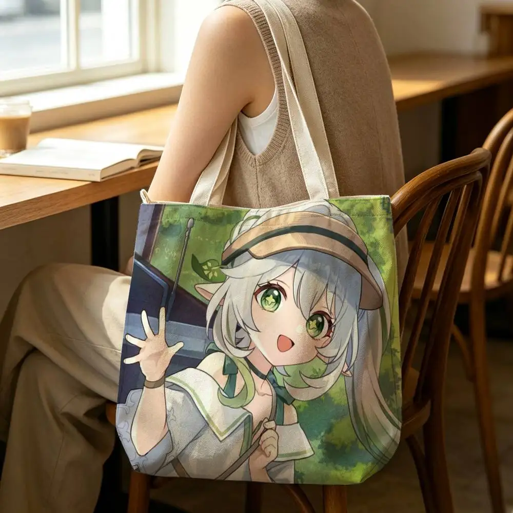 Genshin I-Impact Nahida Tote Bag for Women Reusable Shopping Tote Bag Zippered Shoulder Bags Print