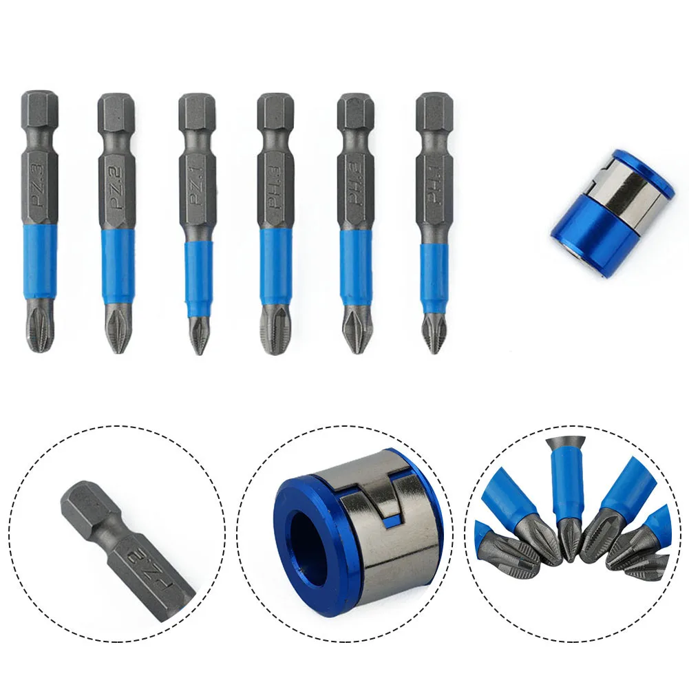 6Pcs 50mm PH1/PH2/PH3/PZ1/PZ2/PZ3 Non-slip Screwdriver Bit Set With Magnetic Ring For Drill Screwdriver Tools Accessories