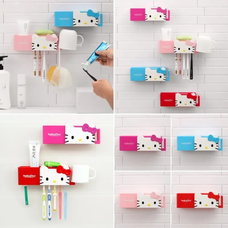 

Sanrio Hello Kitty Toothbrush Storage Rack Wash Rinse Mouth Cup Set No Punching Multifunctional Toothpaste Storage Holder Rack