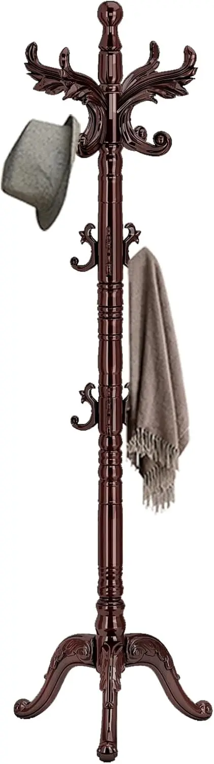 

Vintage Wooden Coat Rack Stand, 14 Hooks, Heavy Duty Triangle Base, Natural Birch, Freestanding Hall Tree for Entryway