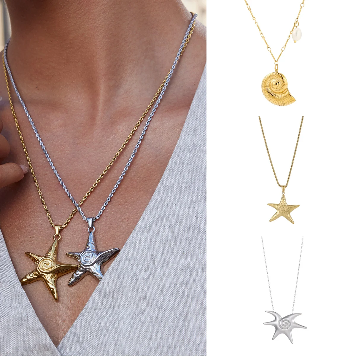 Neu: Vergoldete Vintage Sommer-Muschel Trend-Schmuckstücke, Edelstahl Seestern Meeres-Element Halskette Choker für Partys und Verlobungen