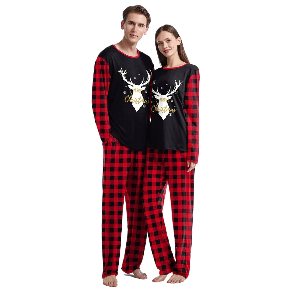 New Elk Christmas Graphic Pajamas Sets for Women Red Checkered Couple Sleepwear Family Matching Outfits New Year Pajamas Clothes