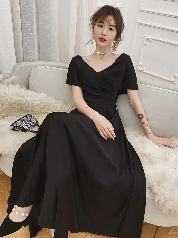 Ele Long Bla Evening Gown V-Ne Slimming Year End Par Host Dr Women's Faionable Simple Polyester Fiber