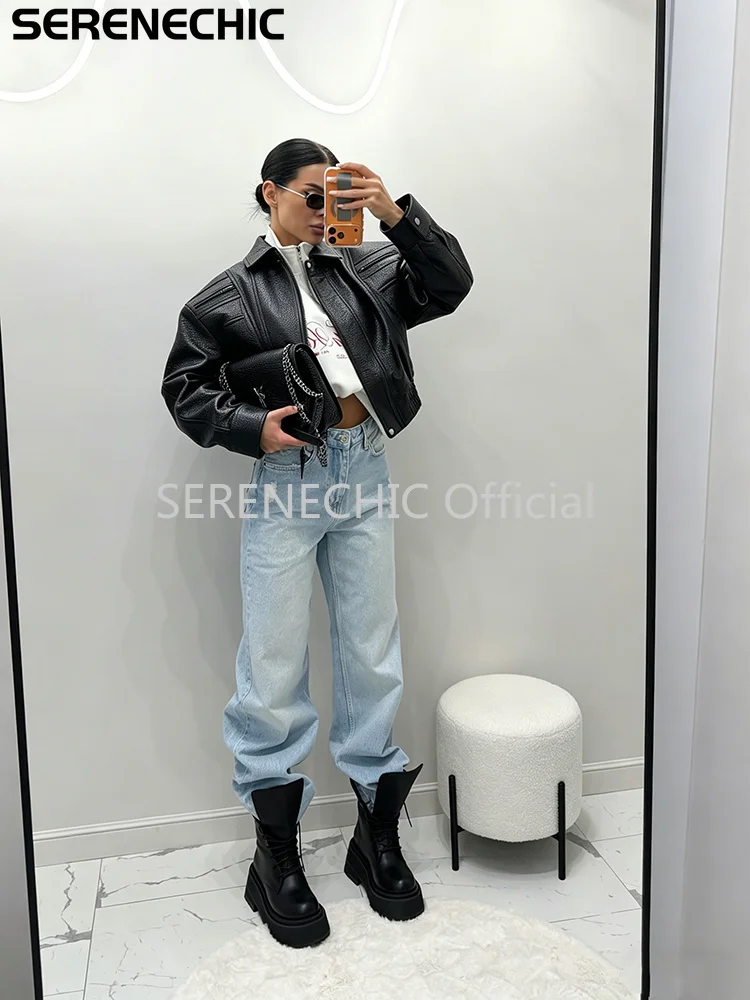 SERENECHIC Textured PU Aviator Coat with Elastic Hem Women's Black Cropped Faux Leather Jacket New Vintage Outerwear Female