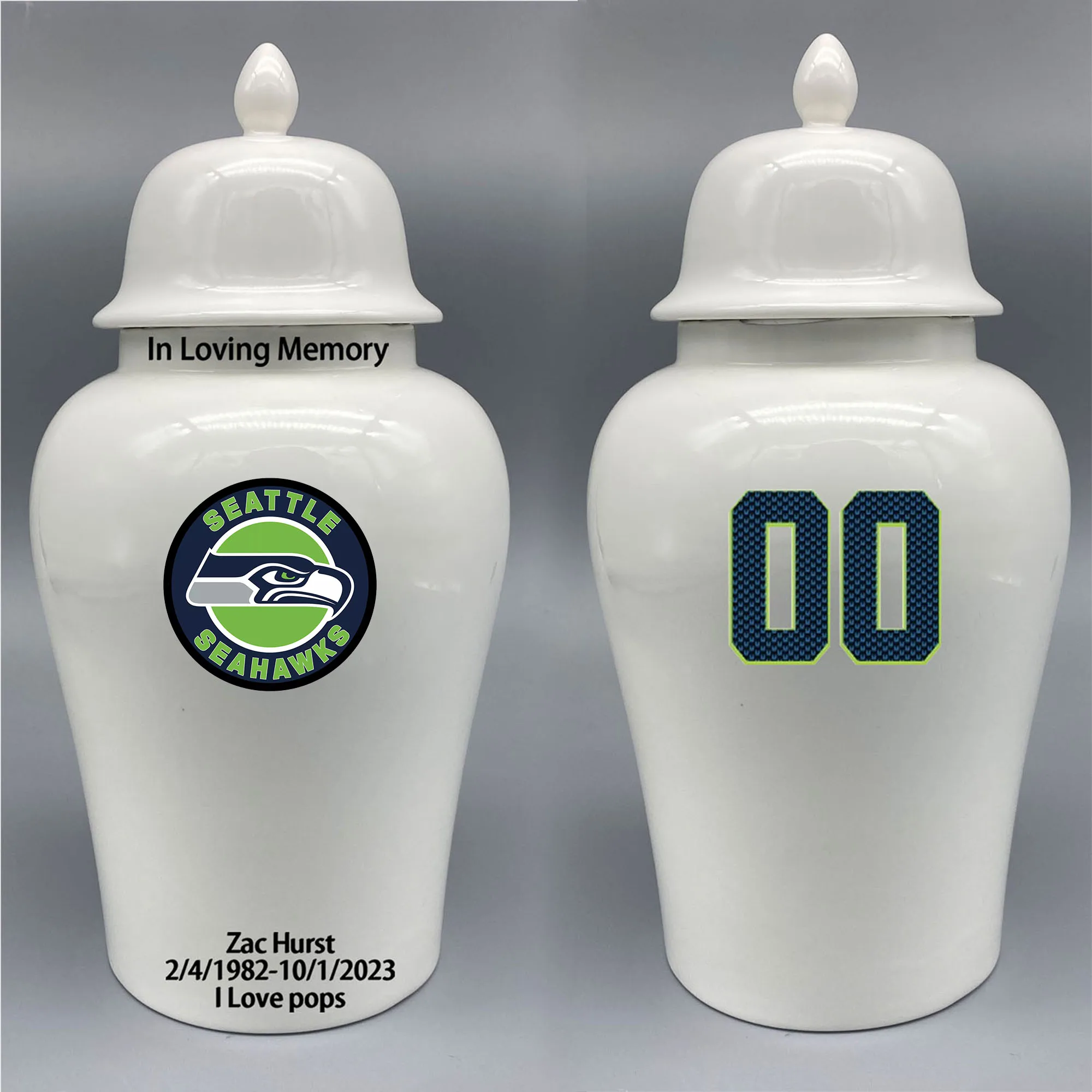 

Large Urn for Seattle Seahawks-themed Logo Urn.Please send me the customize information-name/date and number on the urn