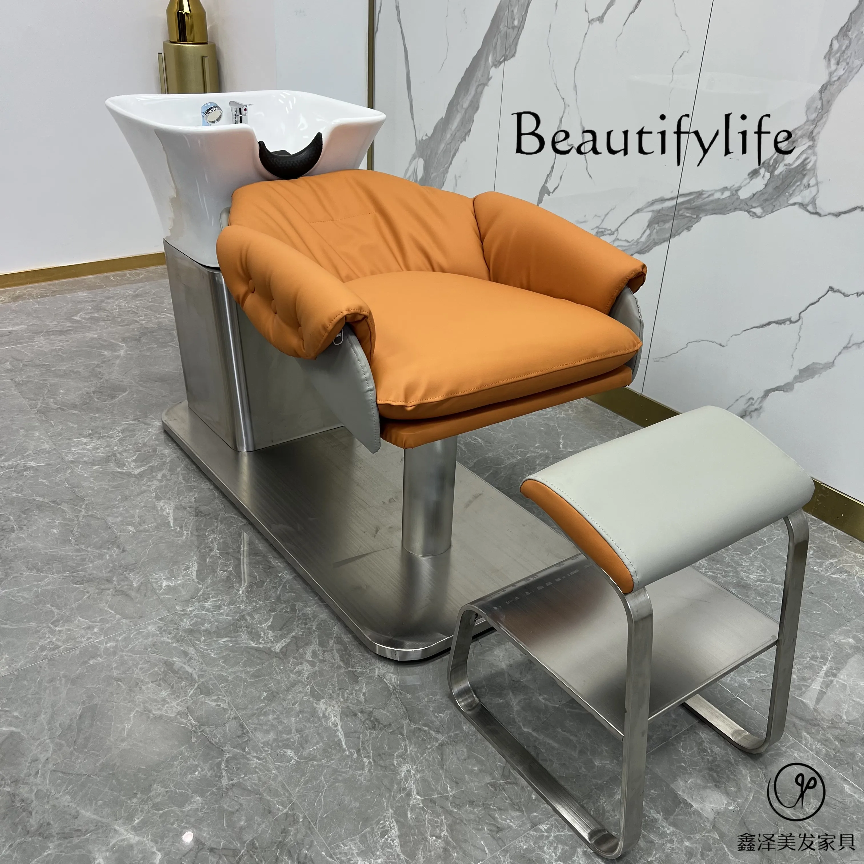 Stainless Steel Shampoo Chair Hair Saloon Dedicated High-End Hair Salon Simple Half Lying Flushing Bed Ceramic Basin