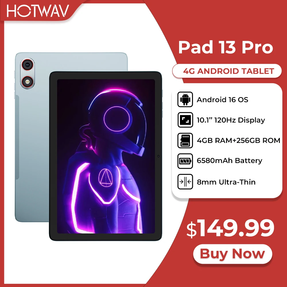 HOTWAV Pad 13 Pro 10.1'' 120Hz Tablet Android 16 Ultra-Thin & Lightweight Pad 4GB 256GB 13MP 6580mAh Octa-core Tablet PC New