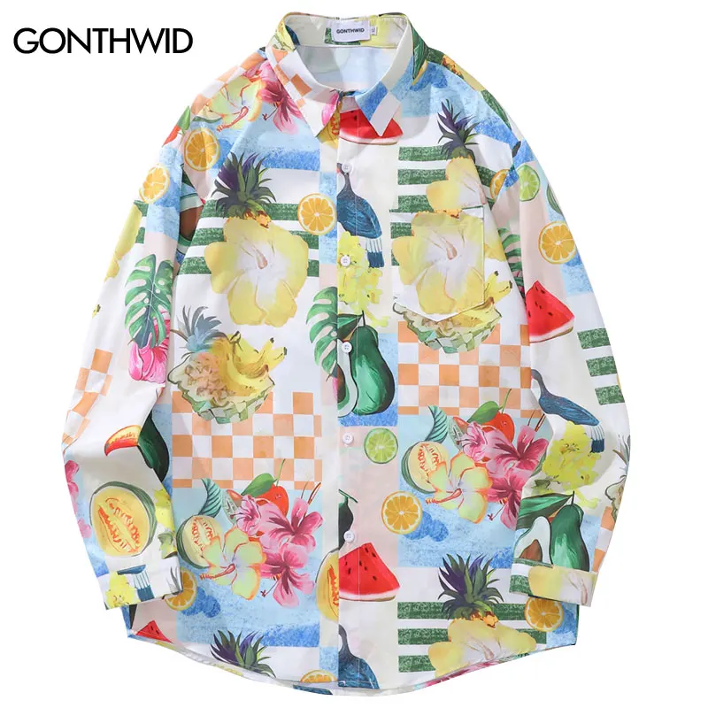 Harajuku Hawaiian Shirt Cartoon Fruit Flowers Bird Print Shirts Streetwear 2024 Men Hip Hop Long Sleeve Button Up Oversize Shirt