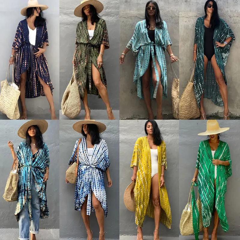 

High Quality Stylish Rayon Open Front Long Kimono Swimsuit Cover up for Women Kaftan Dress Cardigan With Belt Vocation Beach Wea