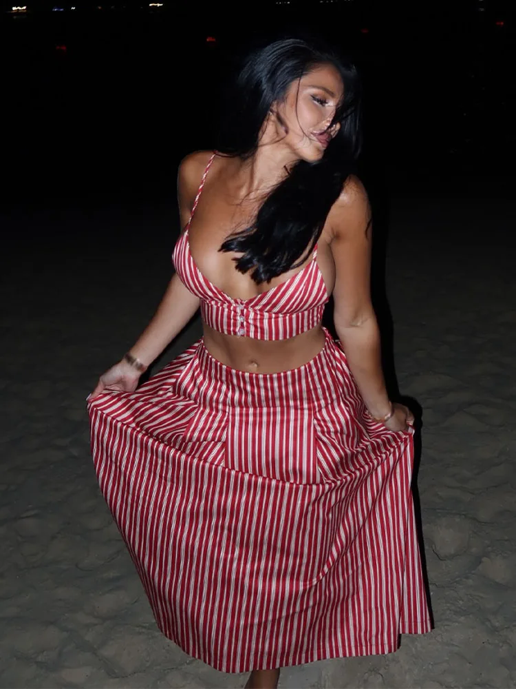 

TRAFZA Women Skirt 2-Piece Set Fashion Striped Backless Short Sling Top+Elegant Striped Zipper High Waist Midi Long Skirt Mujer