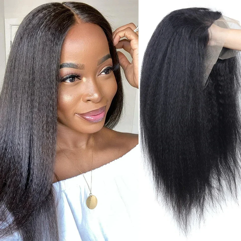 Perruque Lace Front Wig naturelle Remy, cheveux crépus lisses, Transparent HD, sans colle, avec raie en dentelle, pour femmes