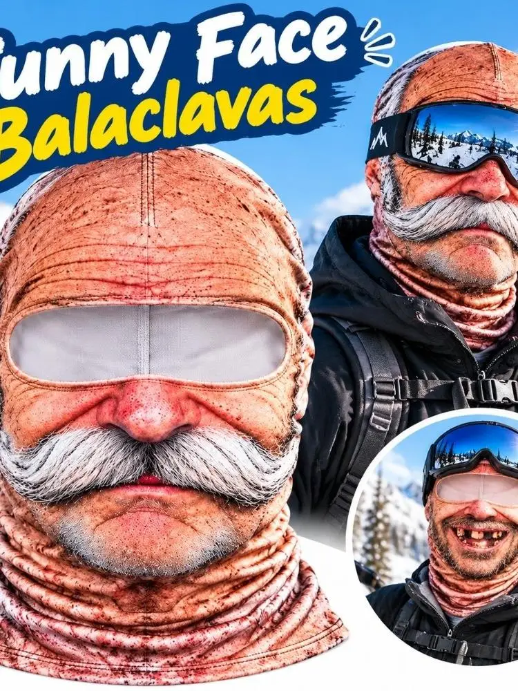 Maska na twarz z nadrukiem 3D przedstawiającym starca, model „Balaclava”, zapewniająca pełne zakrycie, oddychająca, z otworem na oczy, białe wąsy, elastyczna, idealna do jazdy na nartach. — 2