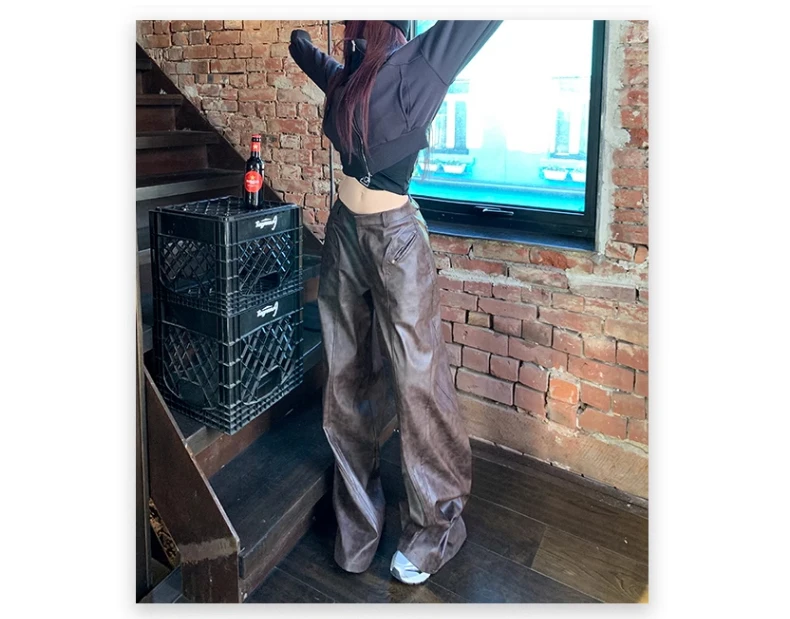 Lautaro Spring Long Loose Casual Soft Distressed Brown Pu Leather Wide Leg Pants for Women High Waist Korean Style Fashion 2024