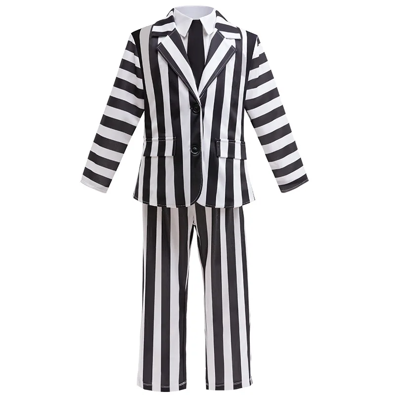 

2PCS Black And White Striped Suits Blazer And Striped Pants Pinstripe Jacket Suit For Kid Boys Halloween Carnival Dress Up