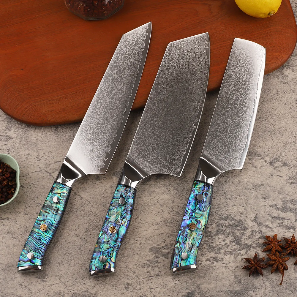 

Chefs Cleaver Knife Slicing Nakiri Kiritsuke Messer 10Cr15MoV Damascus Steel Kitchen Knives Abalone Shell Handle Cooking Tools