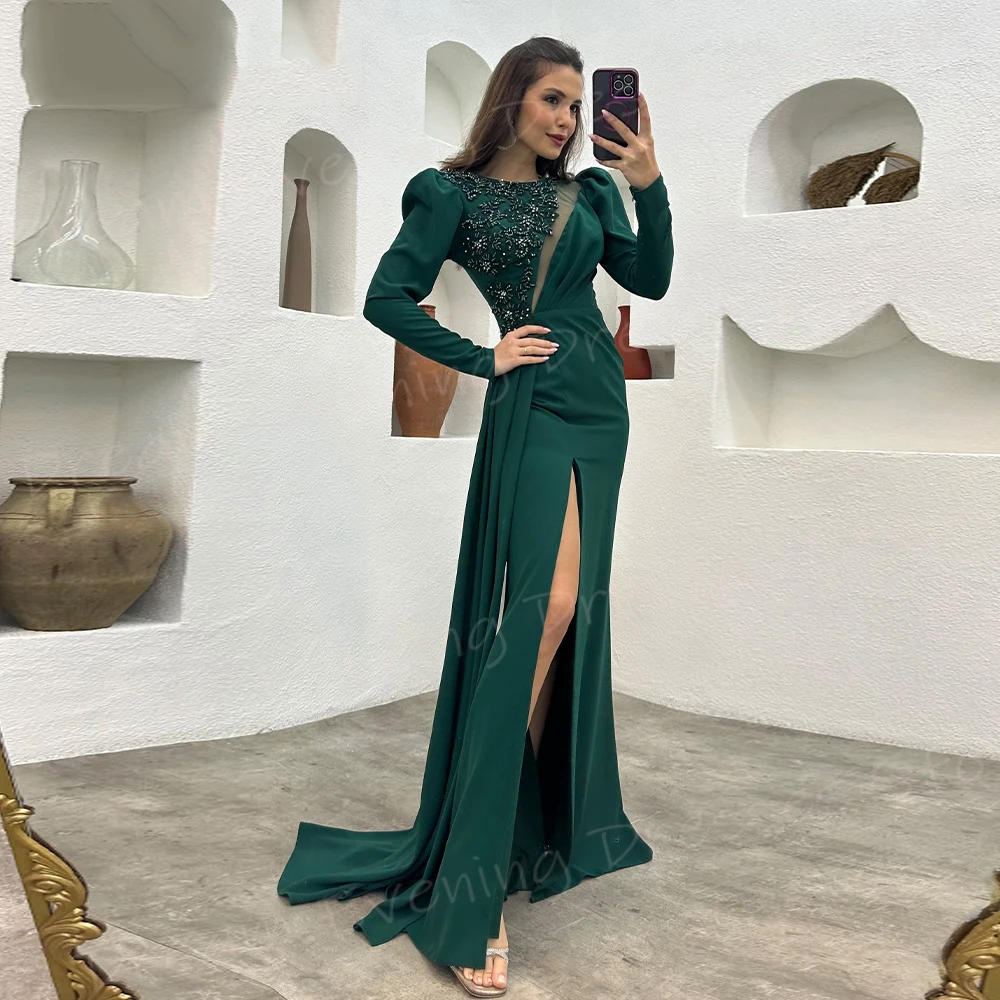 

Classic Green Mermaid Pretty Women's Evening Dresses Simple O Neck Long Sleeve Side Split Prom Gowns Appliques Vestido De Noche