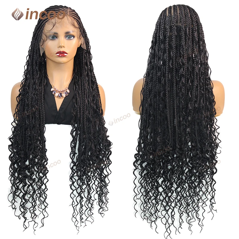 36インチ合成ボヘミアン風グルーレス編み込みウィッグ黒人女性用フルレースボックス編み込みウィッグサイドパートコーンロウ編み込みウィッグ