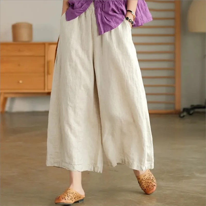 

2024 Summer New Women's Literature Art Loose Trousers Elastic Waist Cotton Linen Solid Color Oversize Streetwear Pants For Women