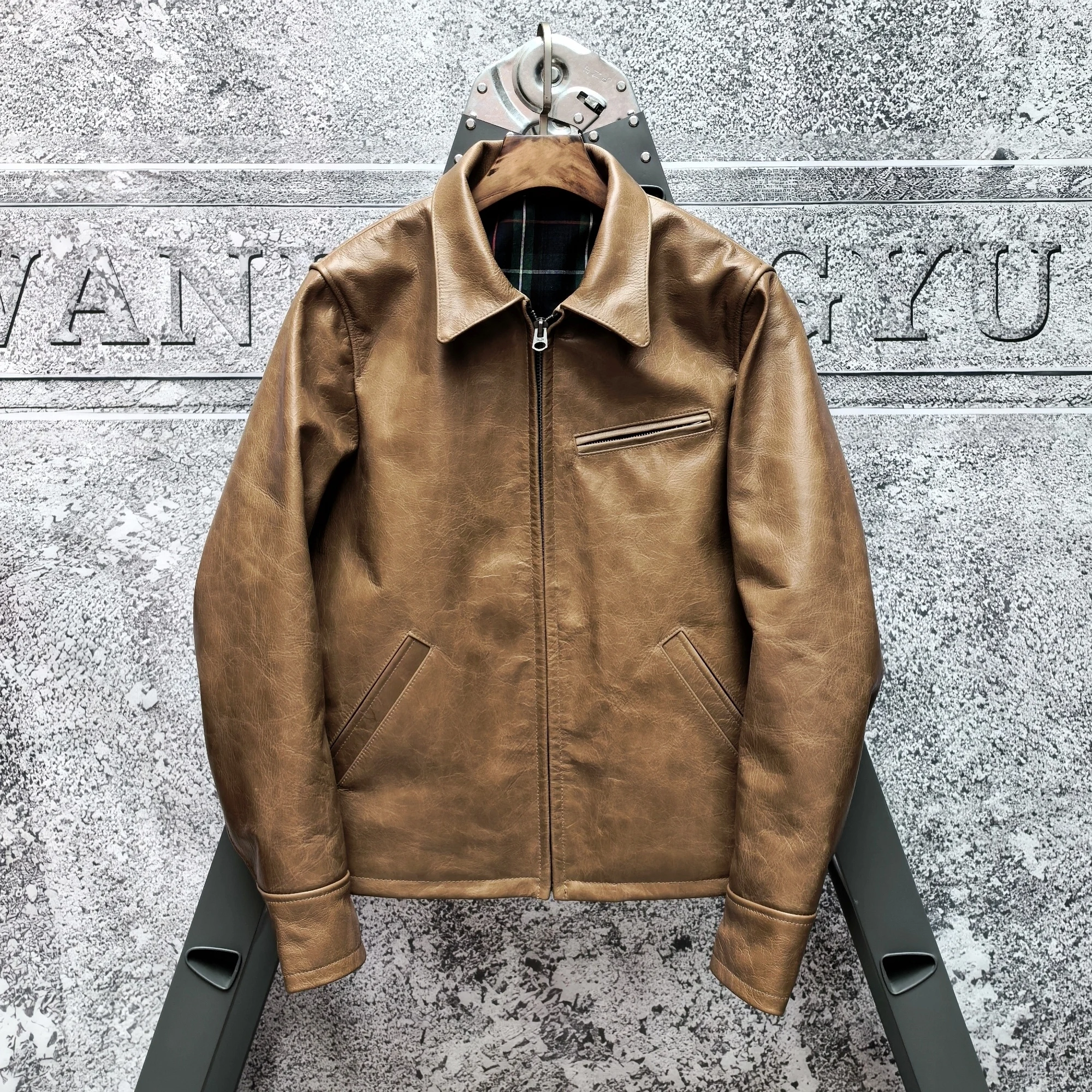 American Retro 1930 Oil Wax Top Layer Pure Cowhide Casual Motorcycle Jacket Leather Coat Men Fashion Urban Style Short Length