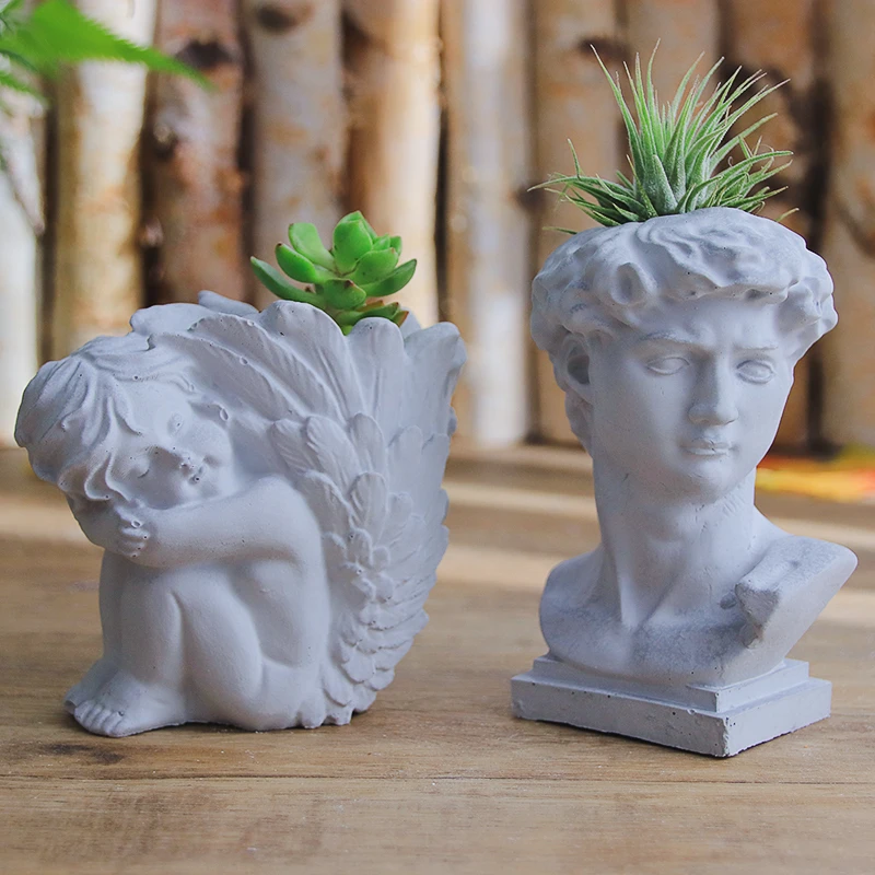 Angel Silicone Flower Pot Mold David Head Vase Pen Holder Potted Cement Concrete Gypsum Handmade Silicone Mold