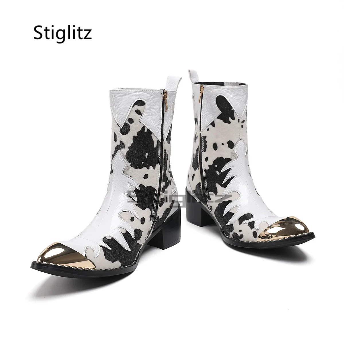 Men's Leopard Horsehair Chelsea Boots High Heels British Style Metal Pointed Toe Patchwork Cowhide Ankle Autumn Winter Shoes