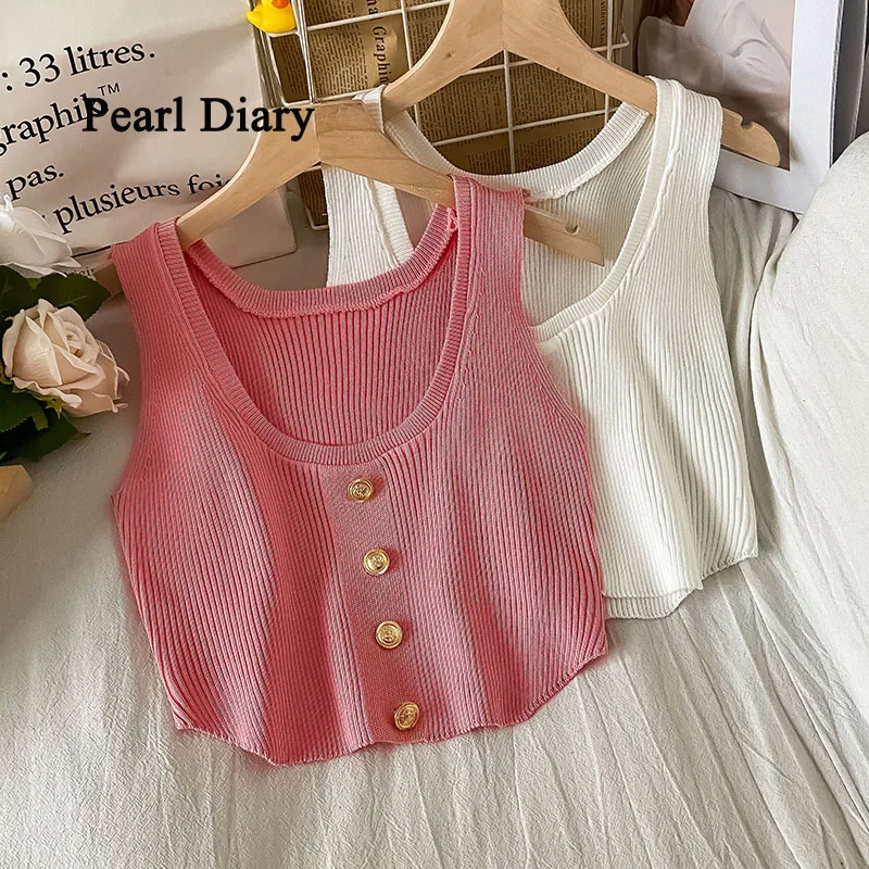 Pearl Diary Summer Thin Golden Single-Breasted Top Women Pure Colour All-Match Sexy Vest U-Neck Short Sleeveless Knitting Top