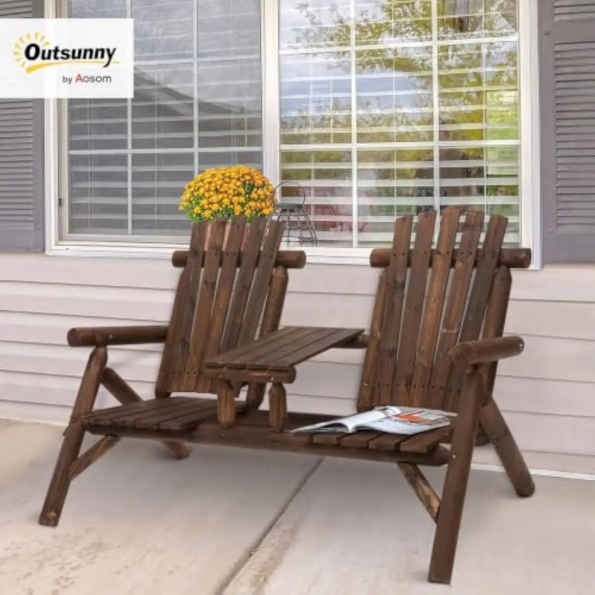 Two-person outdoor fir wood bench with integrated center table and high-back Adirondack styling for patio or garden use — ergono