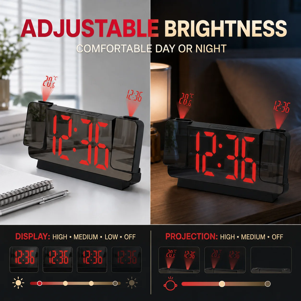 Dual Projection LED Mirror Alarm Clock with Temperature Calendar Snooze Battery Not Included