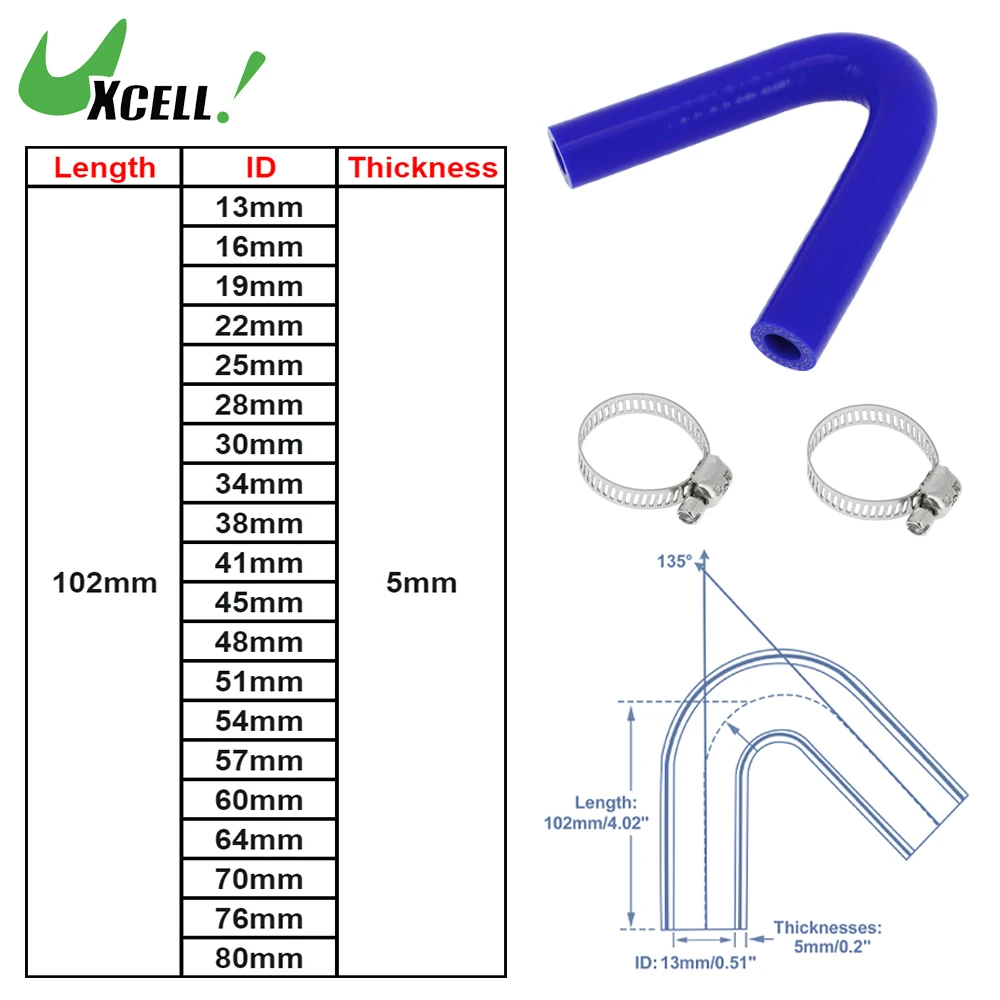 

UXCELL 1 Set 13/16/19/22/25/28/30/34/38/41/45/48/51/54/57/60/64/70/76/80mm ID Blue Car Silicone Hose Coolant Hose Universal