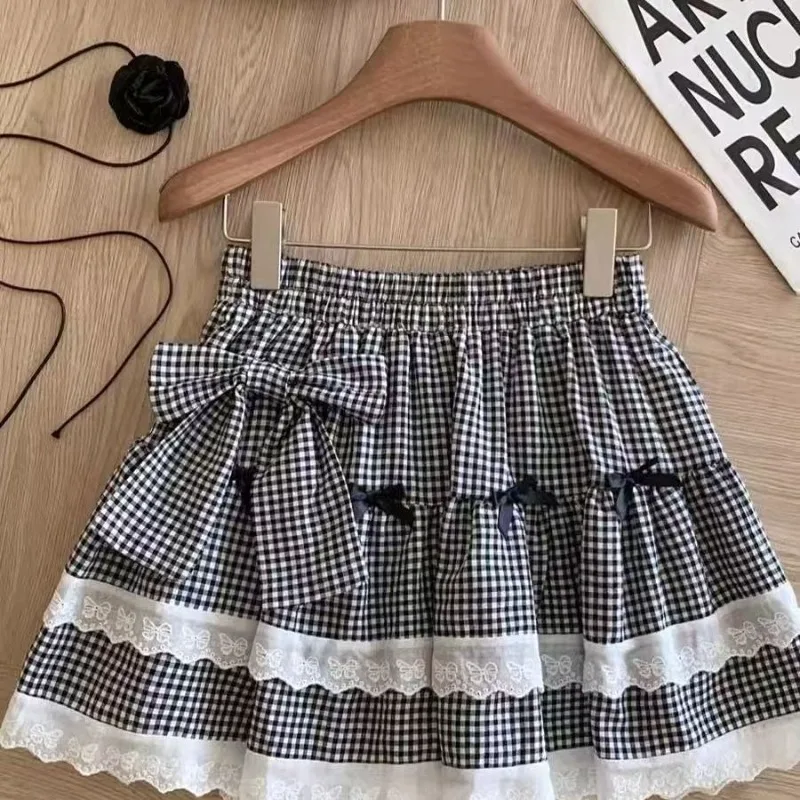 

Летняя милая мини-юбка в клетку с кружевной отделкой в стиле Лолиты, женская юбка Y2K Kawaii с рюшами и тортом, винтажная модная короткая юбка в стиле Харадзюку